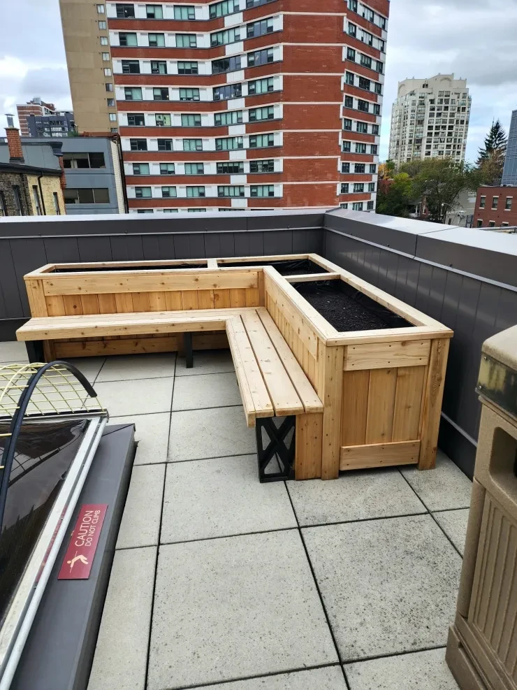 Rooftop Terrace — Cedar L-Bench & Planters, Downtown Skyline