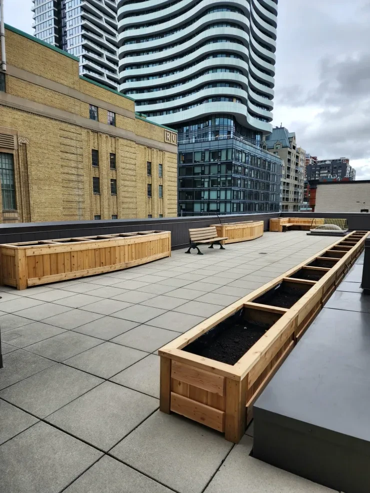 Rooftop Terrace — Cedar Planter Boxes & Park Bench, Downtown Toronto